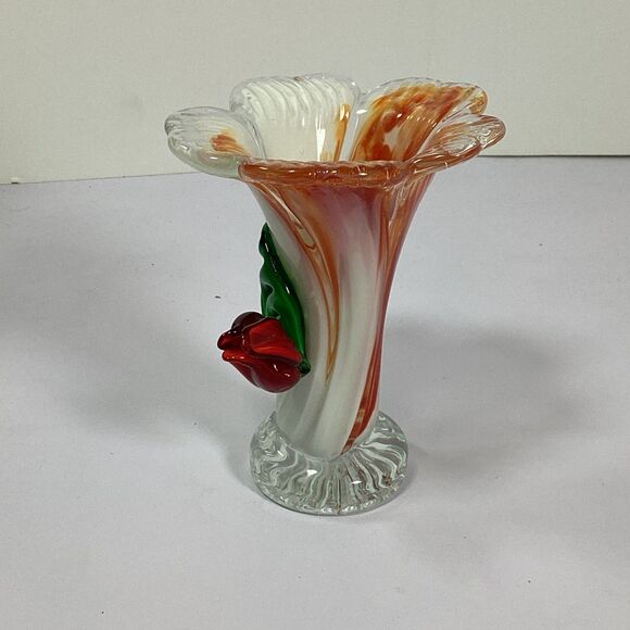 Vtg Vase Hand Blown Art Glass Rose Orange White Swirl Ruffled Crimped MCM Decor - Picture 2 of 8